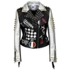 Print Tassel Rivet Women's Pu Jackets Punk Motorcykel Biker Zip Graffiti Slimed Slim Woman's Faux Fur Spring Short Coats SXW008