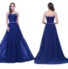 Vestidos de dama de honor largos de gasa azul real 2020 Cristales con cuentas Cuello transparente Fruncido Boda Invitado Noche Vestidos de baile 100% Imagen real CPS104