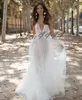 2019 Cheap Sexy Beach Wedding Dresses Bohemian Deep V Line Sheer Neck Tulle Lace Applique Wedding Dress Bridal Gowns BOHO