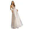 Wit mesh bruid jurk nieuwe sheerness holle vloer lengte diepe v-hals witte partij jurk boog knoop zoete transparante jurken