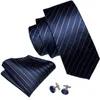 Szybka Wysyłka Jedwabne Krawaty Męskie 100% Projektanci Moda Navy Blue Striped Krawat Hanky ​​Cufflinks Zestawy Dla Męskie Formalne Wedding Party Groom N-5032