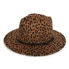 Fashion Women Leopard Print Wool Felt Fedora Jazz Hats Classic Bowler Hat Ladies Trend Large Brimmed Panama Party Trilby Cap293n