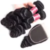 Malezyjska luźna fala ludzkie wiązki włosów z zamknięciem Remy Hair Bundels z szwajcarskich koronkowych Clousres tkania dla kobiet Natural Black Loose Curl