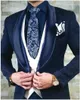 Marineblauw embossing bruidegom smoking sjaal revers groomsman bruiloft mode 3 stuk pak heren business prom jas blazer (jas + broek + tie + vest)