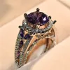 Kadınlar gümüş Parmak Yüzük Gelin Düğün Takı Lover Hediyeler için Vintage Şık Yuvarlak Taş Şubat Birthstone Mor Taş Yüzük