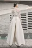Ivory Lace Jumpsuit Beach Wedding Dresses With Detachable Train Jewel Neck Long Sleeves Bridal Gowns A Line Beaded Satin robe de mariée