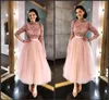 lunghezza tulle rosa a maniche lunghe Tea palla corta abito Prom Dresses 2019 Prom Dress Nuova africano paillettes abiti da promenade dell'abito di sera del partito