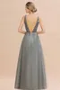 Silver Gray Tulle Long Prom Klänningar 2020 Sexig Låg Back Deep V Neck En Line Party Evening Kappor Pärlor Sequins Elegant Formell Vestidos CPS1349