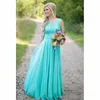 Aqua azul dama de honra vestidos de lantejoulas chiffon vestido de convidado de casamento de verão para o comprimento do assoalho do partido apliques vestidos de dama de honra do laço