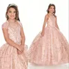 Vestidos de desfile para niñas de encaje con lentejuelas de oro rosa y cuentas de cristal Vestidos de fiesta para niños de color rosa Vestidos de fiesta de cumpleaños para niñas pequeñas W291y