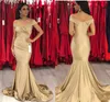 2019 Barato Sereia Vestidos de Noite Cetim Elástico Fora Do Ombro Backless Sweep Train Plus Size Árabe Formal Vestidos de Baile Vestidos de Festa Personalizado