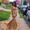 Gold Lace Mermaid Prom Dresses Off The Shoulder Sweetheart Neck Evening Gowns Plus Size Sweep Train Formal Dress