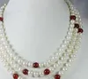 Blanc Akoya Pearl exquis 3Rows et rouge rubis Collier 17-19 « »