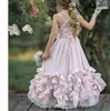 Pink 2020 Boho Flower Girl Dresses For Wedding Lace Appliqued V Neck Toddler Pageant Gowns Chiffon Kids Prom Dress