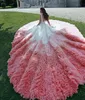 Roze Blush Trouwjurken Diepe V-hals Lovertjes Beaded Riem Sash Bridal Toga Mouwloze Backless Ruffle Tiered Chapel Train Robes de Mariée