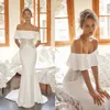 Off Schulter Rüschen Meerjungfrau Brautkleider Vestido De Novia Spitze Satin Sweep Zug Brautkleider 2020 Robe De Mariee