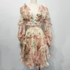 2019 Chiffon Print Jurk voor Dames Sexy V-hals Lantaarn Mouw Hoge Taille Holle Mini Jurken Mode Kleding NIEUW