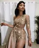 Sexy zeemeermin avondjurken met afneembare trein kant geappliceerd lange mouw prom jurk hoge kant gesplitste Arabische Dubai gelegenheid formele jurken