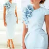 Elegante vestido azul cielo de manga corta, vestidos para madre de la novia con flores florales, longitud del té, vestidos de cóctel formales de talla grande 272e