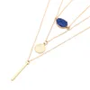 Layered 18K Gold Chain Natural Black/Red/Blue Stone Alloy Pendant Necklace for Sale