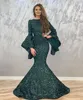 Glänsande mörkgröna sjöjungfrun kvällsklänningar Sequined Long Sleeves Formell Wear Evening Party Gowns Prom Dress Vestido de Fiesta Abendkleid