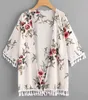 20187 Floral Print Ruffle Sleeve O Neck Plus Size Elegant White Blouse Women Weekend Casual Three Quarter Sleeves Top Shirts