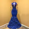 Blue Hand Made Flowers Evening Gowns With Illusion Long Sleeve Mermaid Style Applique Beaded Sequins High Neck Prom Dress Formal Dresses