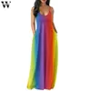 Womail Print Vestido largo Mujer Correas Cuello en V Bolsillos sin mangas Boho Maxi Rainbow V-cuello dropship Feb14