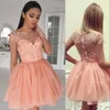 Peach New Sexy Women Short Cocktail Dresses Jewel Neck Long Sleeves Lace Appliques Crystal Beaded Prom Dresses Party Dress Homecoming Gowns