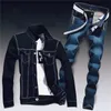 Spring Mens Denim Two Piece Set Hole Strappato Slim Fit Giacca Jeans Set Uomo Casual Vintage Ropa Hombre Cargo Suit Streetwear1