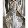 Abiti da sposa a sirena slim Illusion Full Lace Sheer Jewel Neck vestido de noiva Abiti da sposa senza maniche in pelliccia Sweep Train Abito da sposa