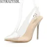 AIYKAZYSDL Sandalias de mujer PVC puntiagudas transparentes tacones de aguja Stilettos 2018 Slingback zapatos de vestir de boda verano