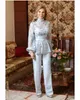 2020 tweedelige moeder van de bruid broek pak hoge hals geappliceerd kant bruiloft gasten jurken lange mouwen enkel lengte satijnen moederjurk