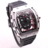 ファッション BOYUHENG クォーツ Baterry 43 ミリメートルシルバースカルスケルトンダイヤルメンズ腕時計トノーケース形状透明バック 2 つの赤い針 WR279k