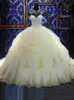 2022 Vintage Luxus Ballkleid Quinceanera Kleider Gold Stickerei Kristall Perlen Schatz Plus Size Sweet 16 Puffy Party Pageant Prom Abendkleider