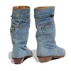 Plus la taille US 4-12 2019 Mode Femmes Cowboy Bottes Nouveau STYLE Western Casual Moitié Sexy Talons Bas Solide Bleu Slip-on Denim Bottes En Gros