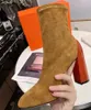 Hot Sale-Spring Fall Womens Real Leather Sole Orange Black Stretch Suede Sock Booties Dra på High Heels 6 tums Ankel Boots