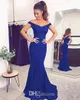 New Navy Blue Beads Sequined Deep V Neck Prom Evening Dresses Off Shoulder Long Lace Applique Formal Dresses Evening Gowns robes de soirée