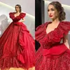 2019 Red Prom Dresses Shiny Lace Appliques Tiered Tulle Ball Gown Pageant Dresses Long Formal Evening Party Dress