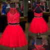 Latest Halter Neck Two Pieces Homecoming Dresses Beaded Rhinestone Zipper A-line Tulle Mini Short Cocktail Party Dresses