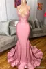 Sexy Nieuwe Collectie Roze Mermaid Prom Jurken 2020 Halter Neck Beads Appliques Dompelen V-hals Formele Avondjurk Partyjurken Ogstuff