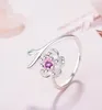 Luxo feminino grande cristal cz anel de pedra 925 prata bonito roxo pêssego flor de pêssego casamento anéis ajustáveis ​​prometem anel de noivado