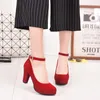 Thick Heel Shoes Women Pumps Ankle Strappy Heel 2019 Sexy New Fashion Shallow Flock Party Wedding Shoes Black Red Pink Platform Heels GH-CD