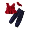 Newborn Baby Girl Clothes Fly Sleeve Chiffon Vest RedTops Navy Bowknot Denim Pants sweet girls Outfit