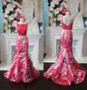 Drukuj Kwiatowy Prom Dress 2K19 Elegancka Woda Melon Mermaid Formalny Event Wear Suknie Paski Backless Bateau Neck Order-To-Red Dywan Sukienka