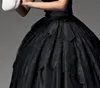 New Princess Vestidos Custom US2-26W Gothic Black Lace Sweetheart Ball Gown Abito da sposa Lunghezza tè Festa nuziale Guest Bow Tier340H