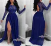 Sexy Royal Blue Lace prom juweel nek lange mouwen hoge side split backless formele jurken avondjurken vestidos de fiesta
