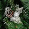 Christmas Decorations 10pcs Cuttings Artificial Sequins Pine Branch Cone Glitter Poinsettia Home Ornament Festival Tree Decor Part259f