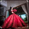 Tanie suknia balowa Red Quinceanera Suknie Wieczorowe Nosić Satyna Off Ramię Aplikacje Długie Słodkie 16 Prom Dresses Formalne Suknie Pagewne