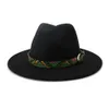 Vintage elegante brede rand faux wol fedora hoeden met kleurrijke slang print lederen band voor vrouwen man katoen trilby vilt hoed